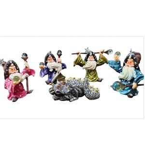 Set of 5 Fantasy Wizard Figurines miniature holding crystal staffs dragon 3"